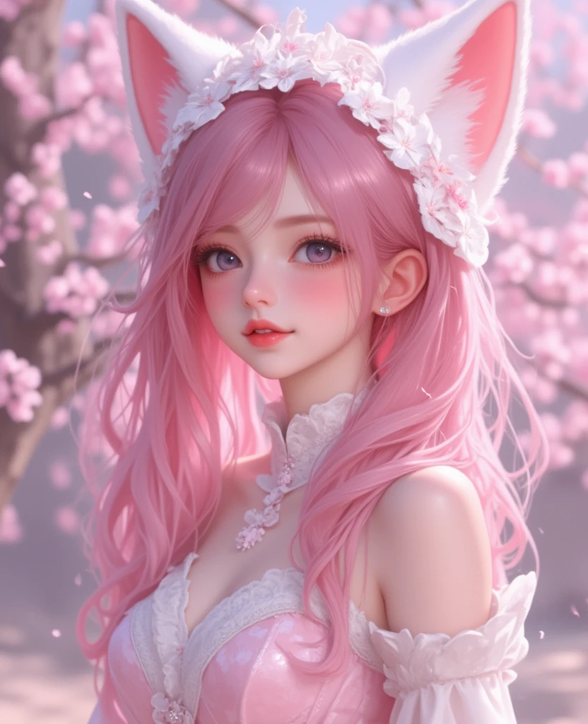 Nine snow-white fox tails (1.0), milky fox tail (1.0), fox close-up of nine tails, nine-tails, nine-tails, anime girl with pink hair and pink dress with flowers on her hair, very beautiful anime fox girl, beautiful anime fox girl, beautiful fantasy anime, guweiz, anime girl with fox ears, beautiful anime girl, very beautiful and cute fox girl, pink flower rain, background blur, anime style 4 K, anime fantasy artwork, 4k anime wallpaper, Artwork in the Guvez style