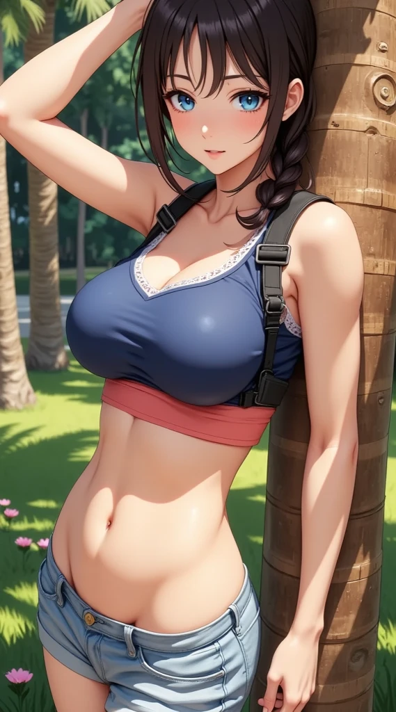  (Masterpiece,  computer, mejor quality,  Clear focus, shadow, anime style, Resolución ultra alta, 8K, perfect anatomy, perfect face, (detailed face), (  Detailed eye  ), score_9, score_8_above, score_7_above, score_6_above, score_5_above, score_4_above,  source _animated, Label 1, Label2, quality_Masterpiece, Anatomically correct, beautiful face, perfect face, Beautiful and highly detailed face and eyes, Attractive face, detailed face, delicate facial features, detailed skin, huge breasts, breast size cup D or DD, wide hips, gigantic butt, muslos gruesos. anime-style illustration of a beautiful woman with an elegant and sensual look with an athletic and muscular build, fair skin and serene expression. She has long hair, dark brown, gathered in a braid over one shoulder. Her eyes are large and blue, with a faint blush on his cheeks. Wear a tight blue top with lace details on the neckline, showing a prominent bust. Under the top he wears a coral-colored sleeveless garment. He wears light denim shorts, girdled , that reveal his abdomen. It is leaning against a thick wooden pole with rolled up, with one hand over his head and the other relaxed. He wears a black harness over his shoulders, tactical style. The background shows a tropical or park environment with palm trees, green grass and inflatable objects