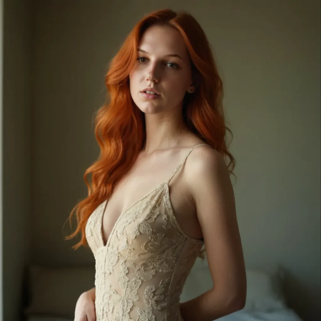 cocktail dress, body able to see through,Curvy athletic body, us, orange long hair, eyes browns, looking ahead at viewer, shy, smiling,Kale