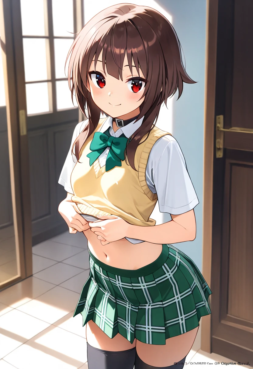 (Masterpiece, Best Quality:1.2), 1 girl, Alone,standing_to divide, Mikan Yuuki, Brown eyes, Brown hair, hair ornament,short hair,green plaid skirt, uniform, Swimsuit, School, pose kawaii, happy face

