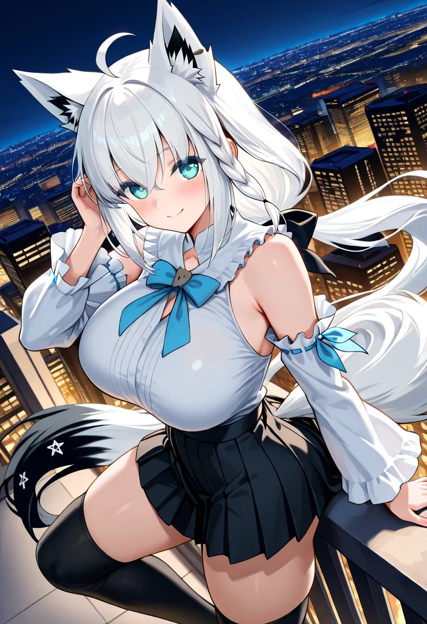 silber hair, cat collar black, eyes with sparkling flames, tits out, nabel, Japanese cityscape Tokyo, looking at sky, first field view, Wavy ponytail, hair over shoulder, Very long hair, very thick hair, Beautiful detailed eyes, Blue eyes, Eyes Like Gems, diamond-shaped pupils, hugging own legs, Beautiful detailed jeweled leather collar, Twin-tailed, Sunglasses, Amber eyes, Animal ears, Smile, embarrassed, blush, tornwing, high detailing, Anime, romanticism, spark of light, silhuette, depth of fields, nffsw, retinas, masutepiece, ccurate, Anatomically correct, Textured skin, Super Detail, high detailings, awardwinning, Best Quality, hight resolution, High quality, 16 K, cleavage