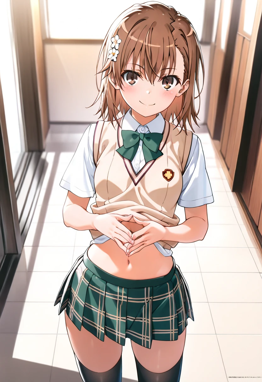 (((pixel perfect, detail perfect))), alone, 1 girl, Misaka Mikoto, tokiwadai , bow, looking at the viewer, Upper body、Breast Exposure、Nipple exposure,tokiwadai_school_uniform、Breast、mini skirt、black mini skirt、Knee-high socks、Sit on a bench,open clothes,small white lace bra:1.5,small white lace panties:1.5,Fancy makeup with red eyeshadow,Brown short cut with side waves,sitting on a chair in a hospital examination room、smile