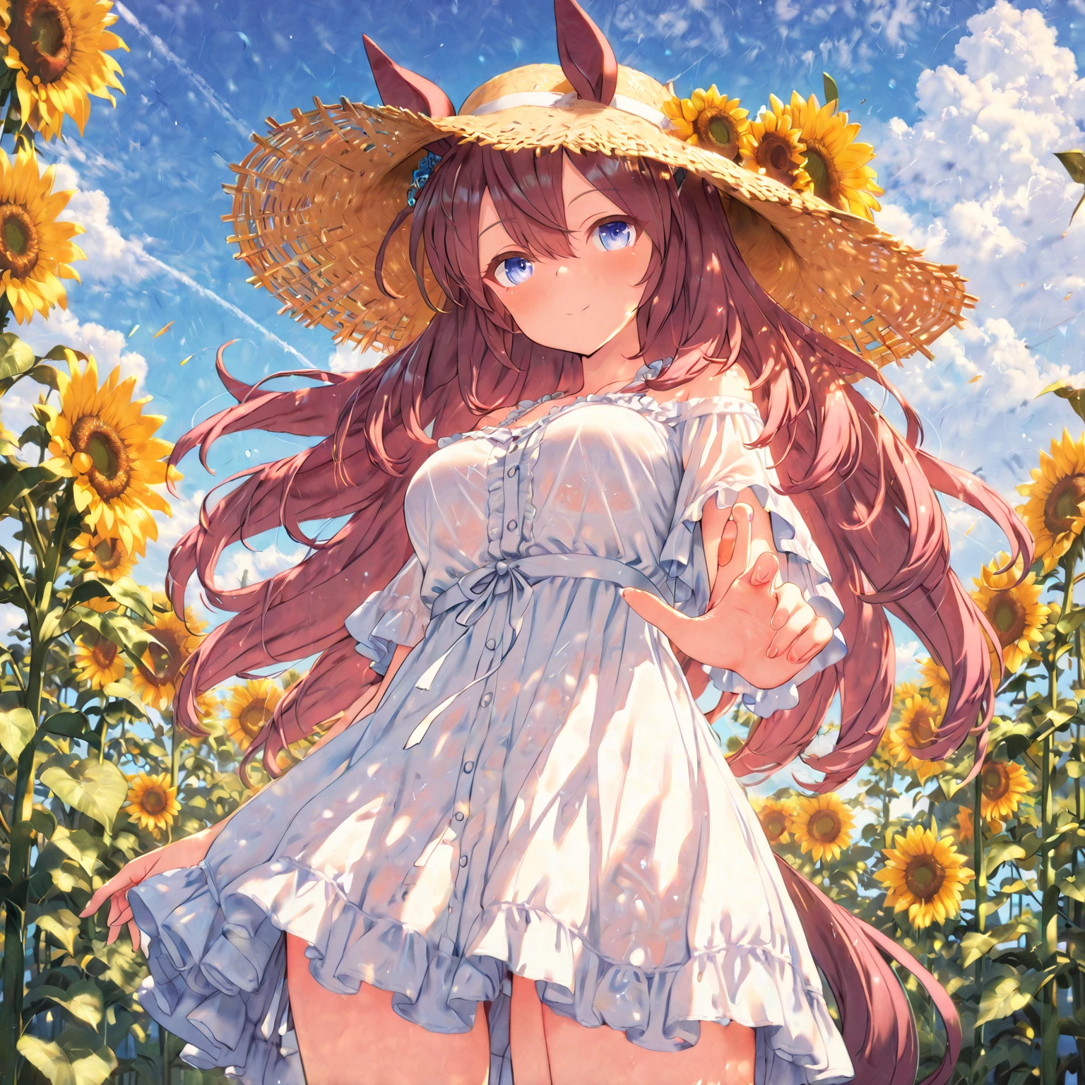 rating_safe, score_9, score_8_up, score_7_up, score_6_up, score_5_up, score_4_up, hires, source_furry(one scene of movie)nature, farm, Blue sky, clouds, florals Beautiful garden(furry anthro, solo, girl, casual fashion, Relux pose, Smile)cinematic lighting, dynamic angle,