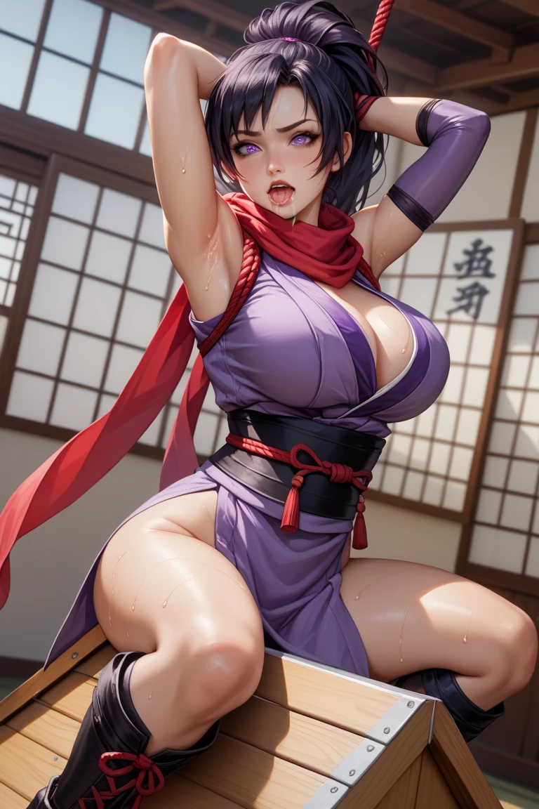 (masterpiece、top-quality、hight resolution、Unity 8k Wallpaper、extremely details CG:1),call girl, secretly complaining, "If you add a bit more, I'll do it for you.", private room, protagonist's perspective, nsfw, shikims, gloves, bare shoulders, ninja, japanese clothes, tattoo, sideboob, gloom, large breasts, focus on cleavage