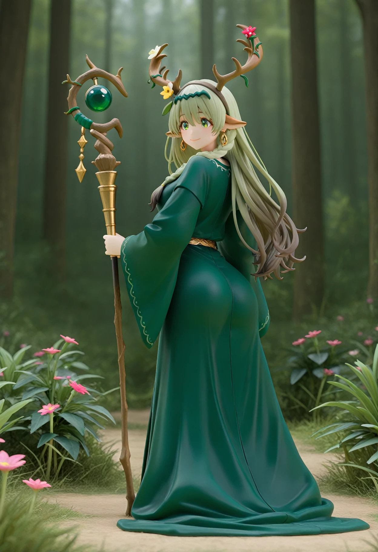 1 elf girl, slender, elf ears, beautiful eye, elegant smile, green elf style robe, dress with green gems, blond wavy short hair, bob cut, white flour hair accessories, deep gold eyes, dancing joyfully, moonlit forest, full body