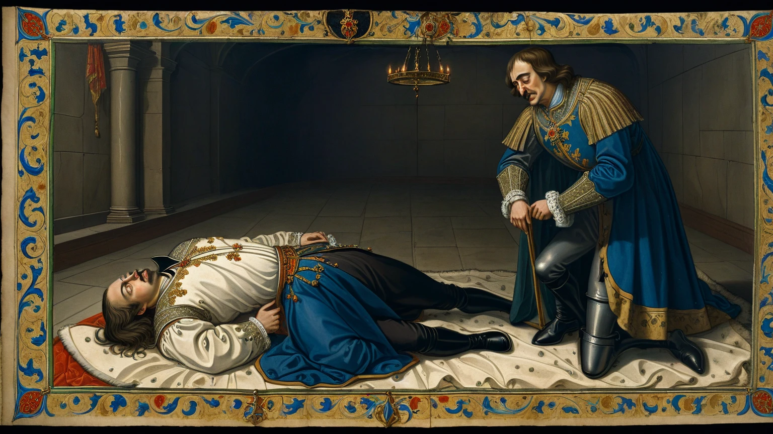Realistic image of a strong man, black hair, dressed in cleric's clothes with shoulder pads, lying on the floor of a corridor of a royal palace, eyes closed, body steaming
