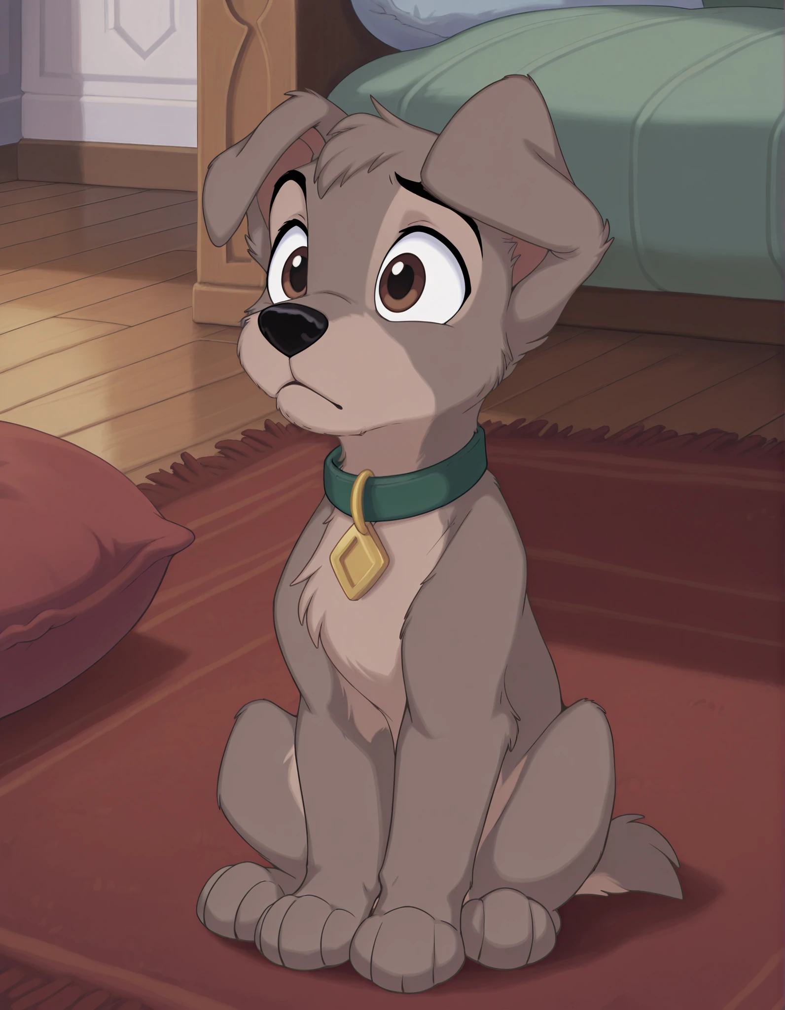 (masterpiece), (best quality), (ultra-detailed), amazing quality, very aesthetic, perfect composition, absurdres, incredibly absurdres, scampdog, solo, brown eyes, sitting, indoors, collar, pillow, no humans, animal, wooden floor, animal focus, animalization, rug, two tone fur, dog, body fur, grey fur
