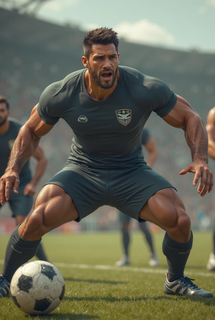 Imagine a shirtless brazilian soccer player wearing knee high socks and fingerless gloves