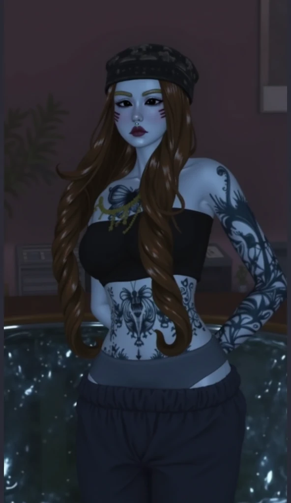 a digital illustration of a woman in a black outfit with horns, imvu, gothic and futuristic, second life avatar, cybergoth, goth cybersuit, dark blue skin, goth girl, hyper - goth, dark goth queen, goth woman, upper body avatar, cyber universe style, bubble goth, ☁🌪🌙👩🏾, cyber punk setting