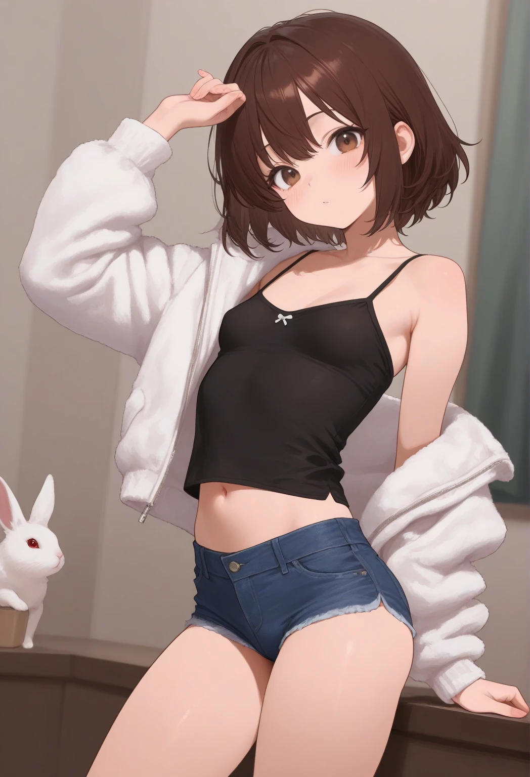 highest quality, masterpiece, High resolution,alone, 1 girl,slight smile, looking at the viewer, hat,horse ears, horse tail, Medium chest, (from below:1.2), bent down, blush,perfect lighting,((white panties)),((white bra)),