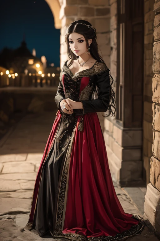 beautiful elf, black hair, bangs and pigtails, sexy red dress and boots
