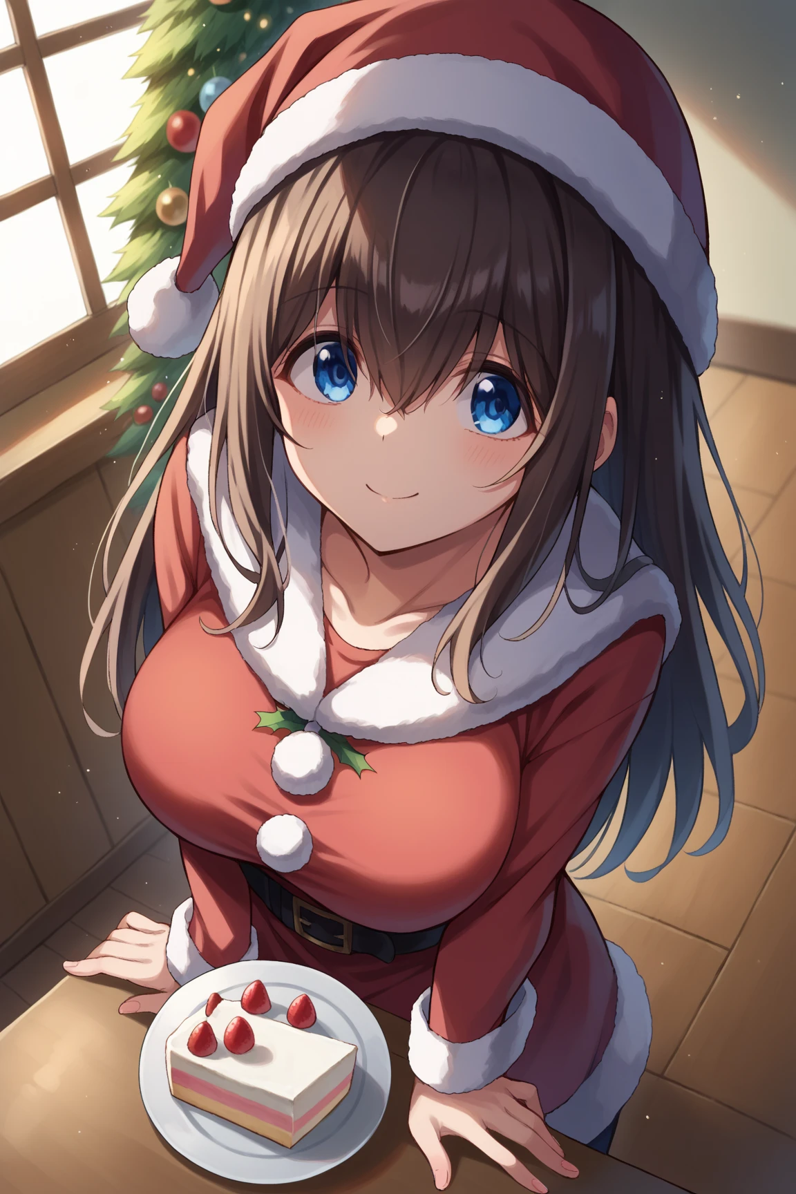 Best quality, masterpiece, scarf, neck ribbon,, (( styaing)), gift box, looking to viewer, focus on face, (shot from above), christmas tree on background, (christmas atmosphere), intricate angle, detailed, intricate, long hair, golden eyes, brown hair, santa hat, santa dress, woman, cute smile, glowing eyes, dark skin, xD, happy, shy, embarrassed
