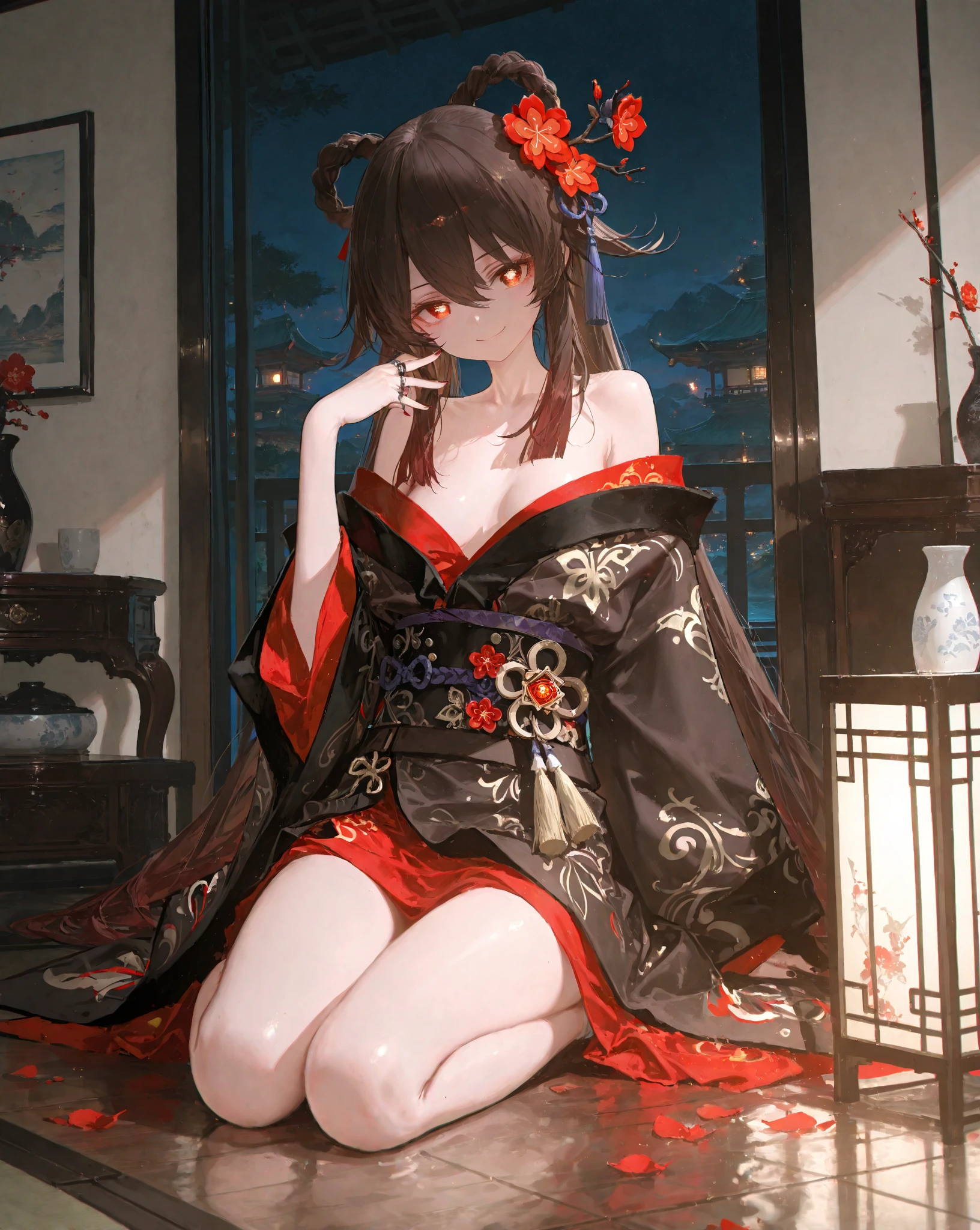 looking at the viewer ,See-Through ,Black face veil , black nylon , silk stockings ,See-through hakama 、Transparent black kimono　,sheer lingerie, enamel high heels, pearl necklace, red collar, straight,　shortcut,　hair ornaments,　kimono　,  taishou