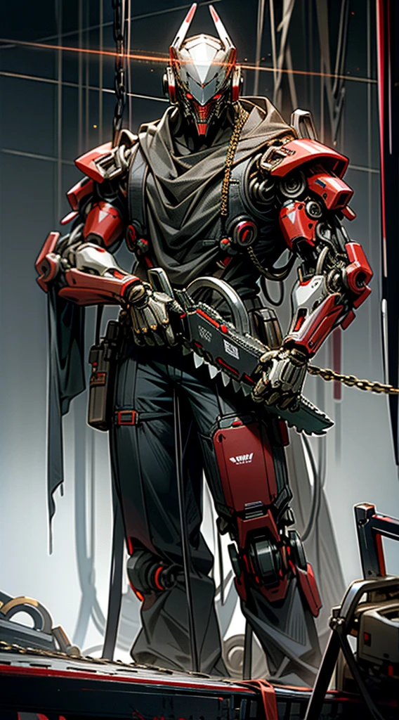 dark_fantasy,cyberpunk,(chain saw,chain saw man,Red:1.1),1 person,mechanical marvel,exist,cybernetic guardian,
