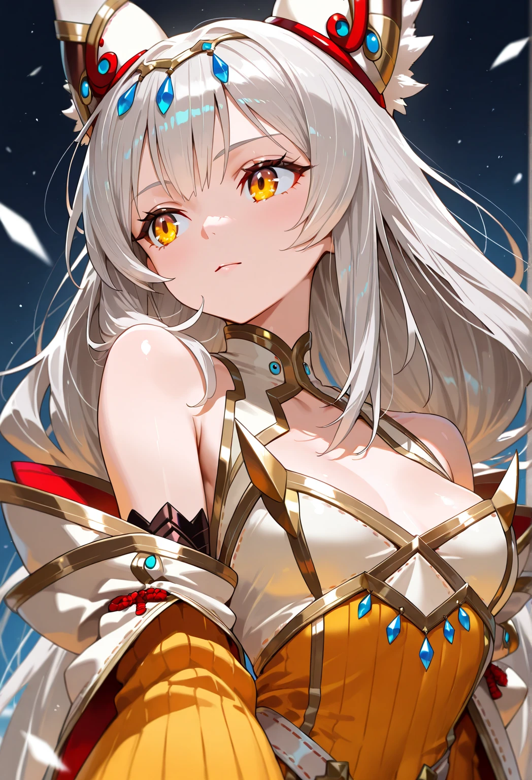 a beautiful girl, white long hair, smiling, wolf ears, red eyes, shiny wolf fullplate armor, big boobs, thighs, thighhighs, anime style, a pose, vtuber pose.