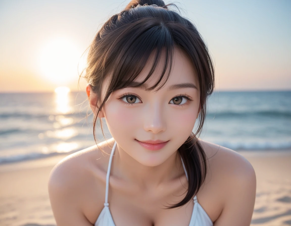 (masutepiece:1.3), (8K, Photorealistic, Raw photo, Best Quality: 1.4), Japanese, (1girl in), Beautiful face, (Realistic face), (Black hair), Beautiful hairstyle, Realistic eyes, Beautiful detailed eyes, (Realistic skin), Beautiful skin, Attractive, A high resolution, A hyper-realistic, Highly detailed, Golden ratio, (3 Girls:1.5), (Sony Alpha 1, 50.1 megapixel full-frame CMOS sensor, 8K video recording function), (telephoto lens), (Realistic), (8K, A high resolution, Best Quality, masutepiece:1.2), Ultra-detailed, beautifull detailed face, FULL ANATOMY, (Beautiful detailed eyes:1.3), Smile, extremely delicate and beautiful, Extremely detailed, nffsw, Unity, 8K Wallpaper, amazing, finely detail, Ultra-detailed, High resolution, Extremely detailed, extremely detailed eye and face, ((sunset beach:1.1)), ((Colorful micro bikini:1.1)), [Ponytail], (huge-breasted, cleavage:1.3),