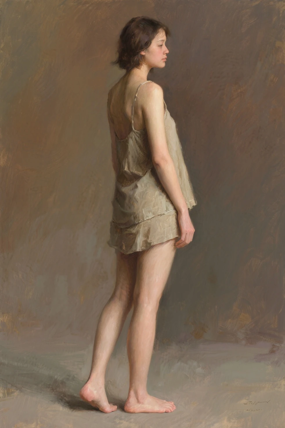 oil painting portrait of model, nude brunette 1950’s fashion model, thoughtful dynamic seated pose, poise, tiny nipples, ((totally nude)) 5’10” tall, 110 pounds, 8-heads tall, 32B-22-34, ((very slender and elegant)), very high waisted model, long slender shapely legs, bare feet, white ermine stole,
