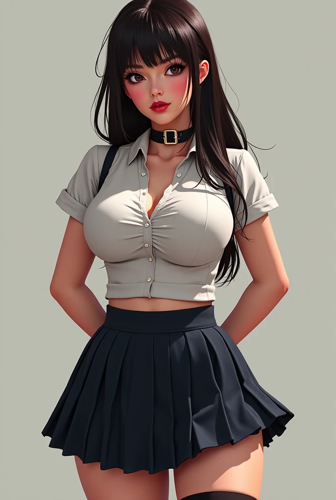 Wet Young Girl With Deep Neckline, huge big breasts size 4, standing close and looking forward in a short school skirt
