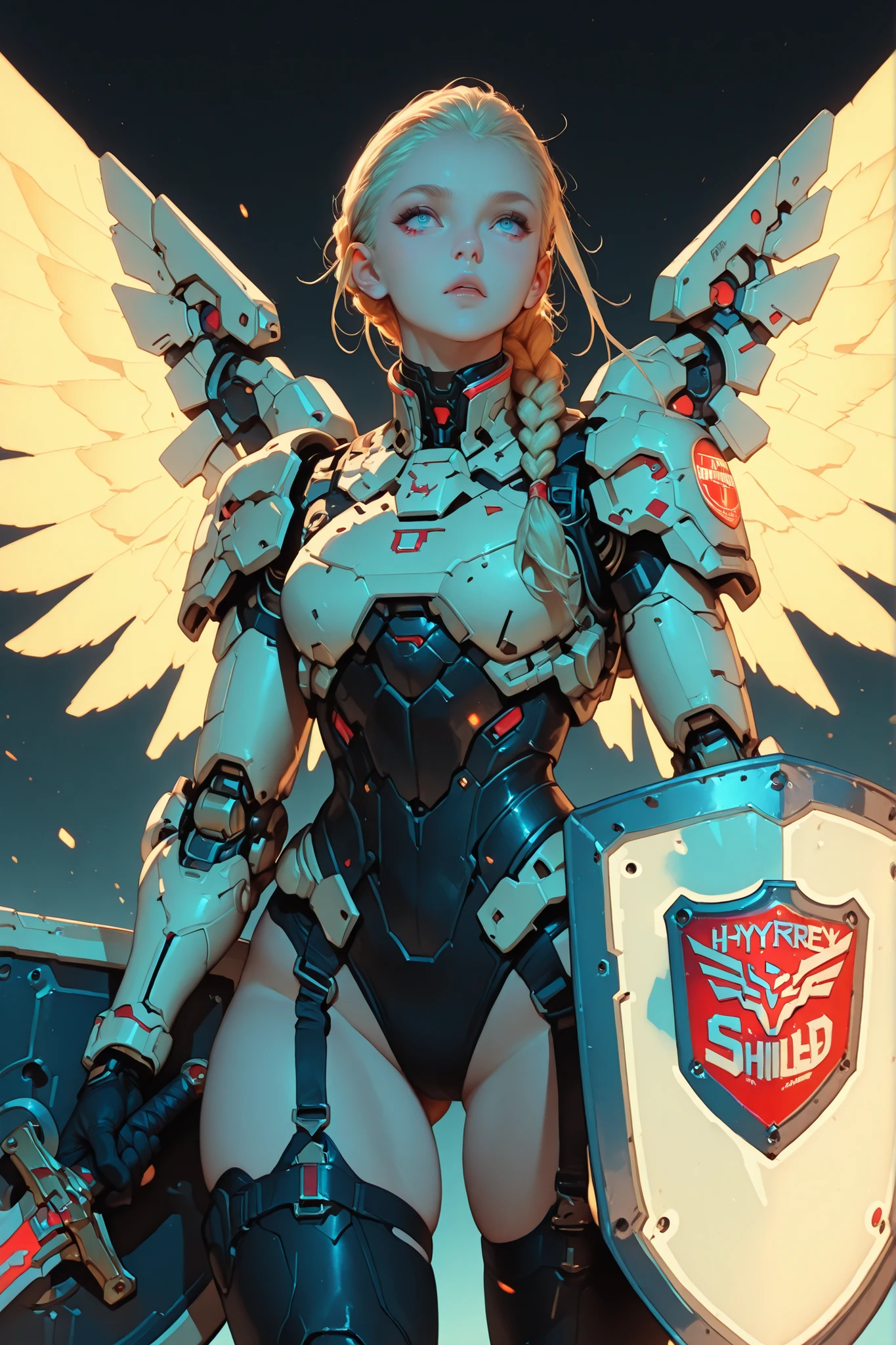 beautiful hot valkyrie with 1 long blonde hair (braided) in full black hyperrealist & hyperdetalied cyberpunk combat armor battle, mechanichal wings, sword & gran (((shield)))