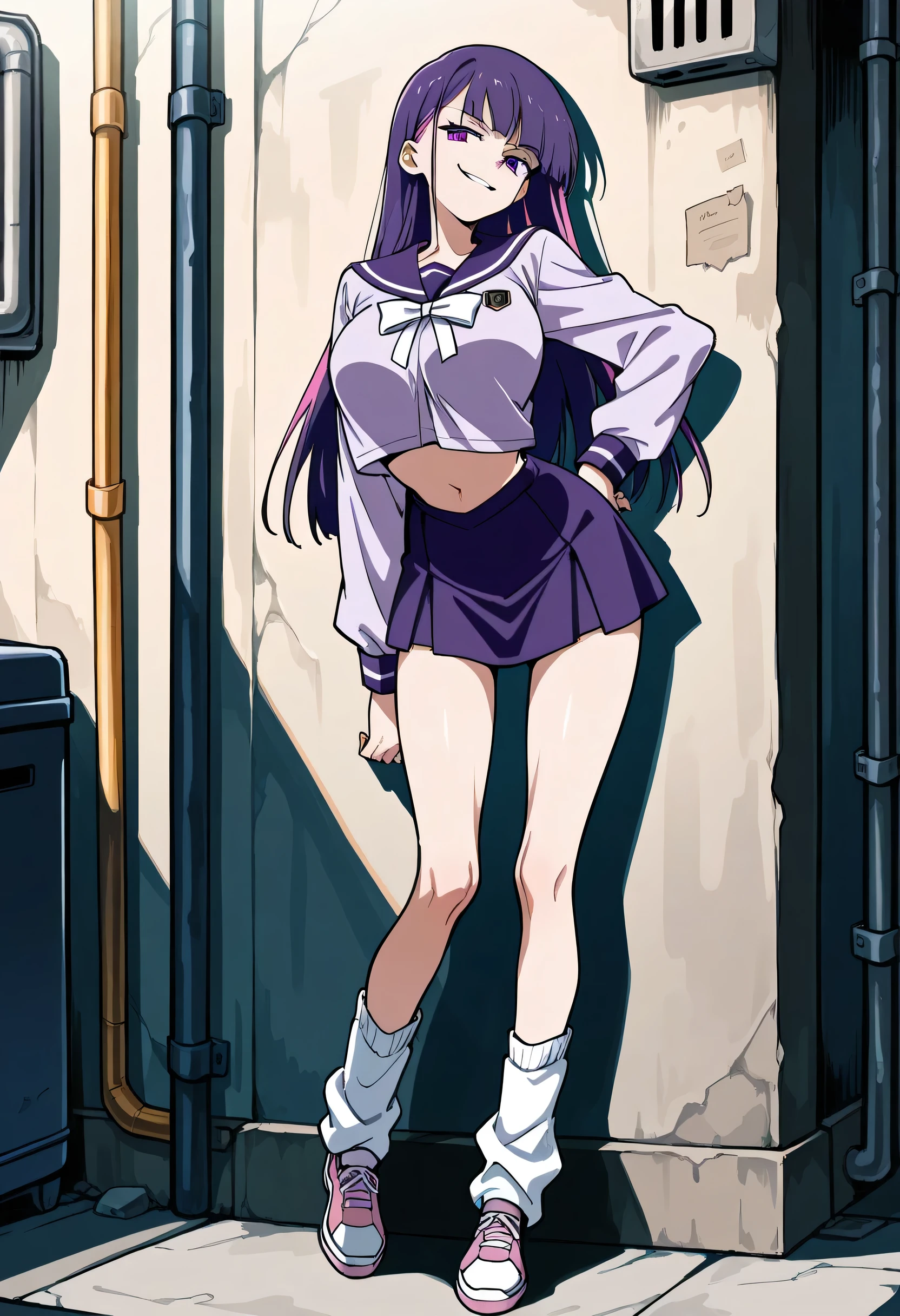 score_9, score_8_up, score_7_up, 1girl, mature, solo, smirk, long hair, bangs , straight hair, purple hair , pink highlights inner , purple eyes, purple sailor school uniform, navel , short skirt, long legs , big breast , arched back , hand on hip , loose socks, casual stance , shoes , lean against wall , alley background , full body,
v3r1d1an,