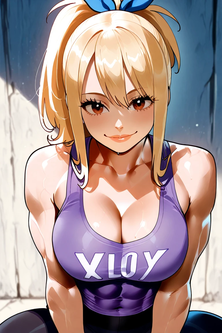 1girl, smile, blue eyes, Blonde hair, very long hair, forehead, bandeau, red choker, belly, huge breast, pink extreme micro skirt, lipstick cowboy shot, arms up, armpits, shorts down