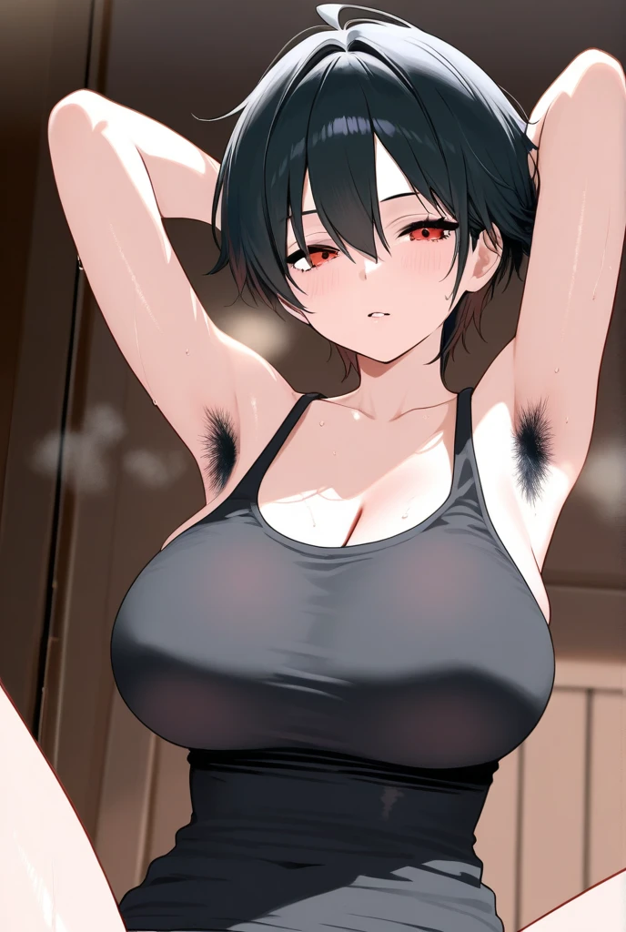 rug, mixed_artwork style, neckleace, sweaty, 1 girl, standing alone, hands, Asian, short black sleeveless t-shirt, black pants, short black hair with red highlights, Eyes red, ssmile, estilo techwear, ninja style