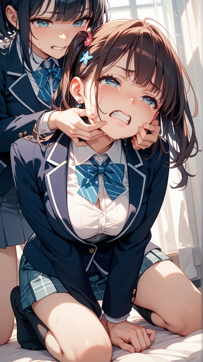 (best quality, ultra detailed:1.2),shinomiya kaguya,kaguya-sama wa kokurasetai ~tensai-tachi no renai zunousen~,folded ponytail,parted bangs,forehead,red eyes,black hair,hair ribbon,red ribbon,short hair,tsurime,skinny,shuuchiin academy ,black dress,collared dress,neck ribbon,long sleeves,large breasts,BREAK crying,((1man and 1woman,fellatio,penis,))
