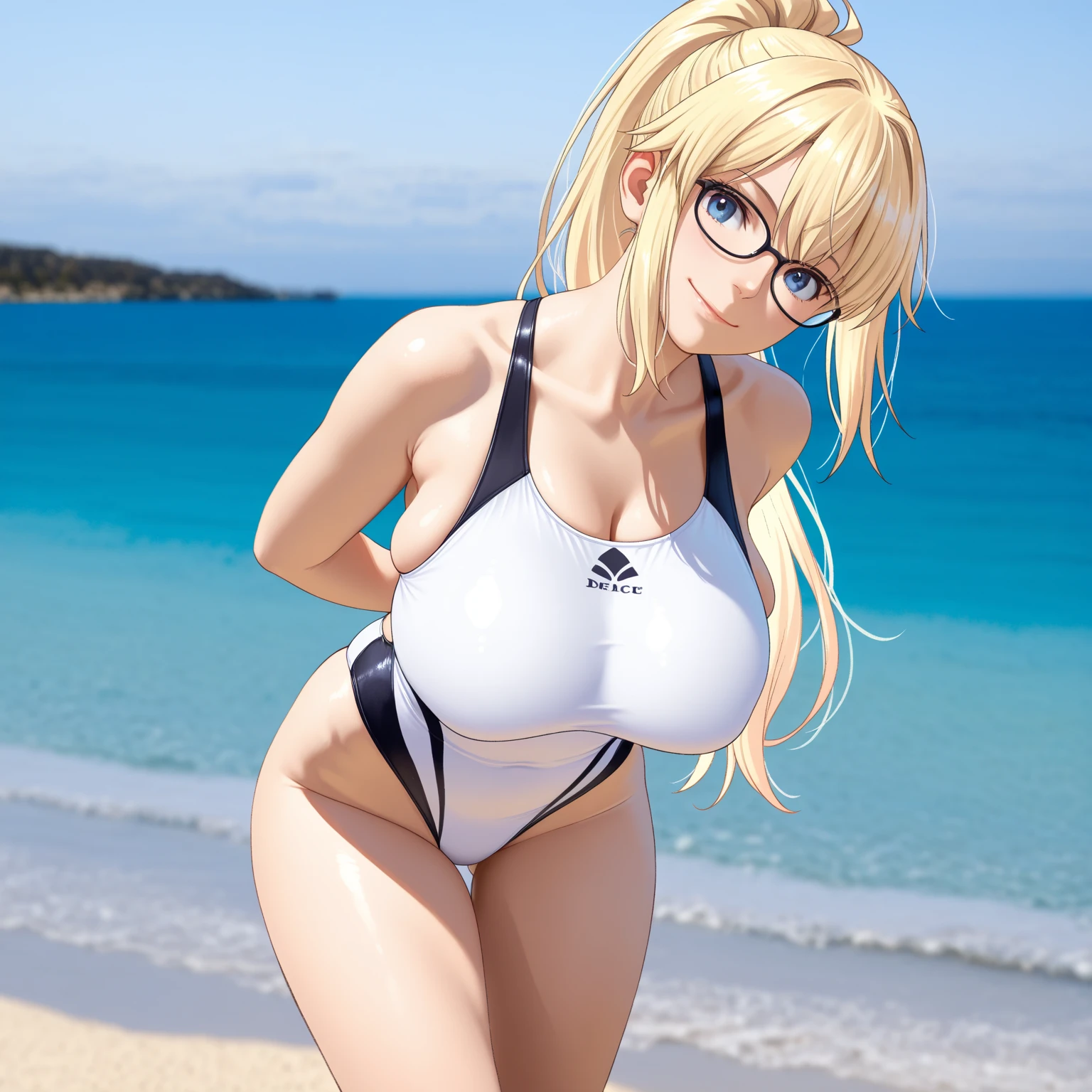 (realisitic:1.5) 女の子1人、Bianca、Colossal breasts stockings、4K、8K、Perfect Face、red blush、blue eyess、Red glasses、The dim、Mare、Bright sun、sandal、the beach、visor、corsets、sea turtle、walking、shairband、(wetted skin)、fronds、cloudiness、Big sun、Beach、