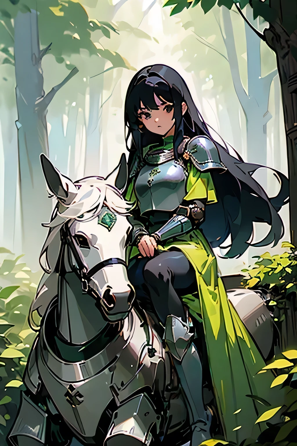 (((masterpiece))), (((best quality))), ((ultra-detailed)), (cinematic lighting), (illustration), (beautiful detailed eyes), (1girl), full body, knight, armour, light hair, sitting on robot horse, forest, best quality, expressive eyes, perfect face, Girl: (20s, blonde hair, long hair, light green baggy shirt, armour, breastplate, jumpsuit, knee boots)