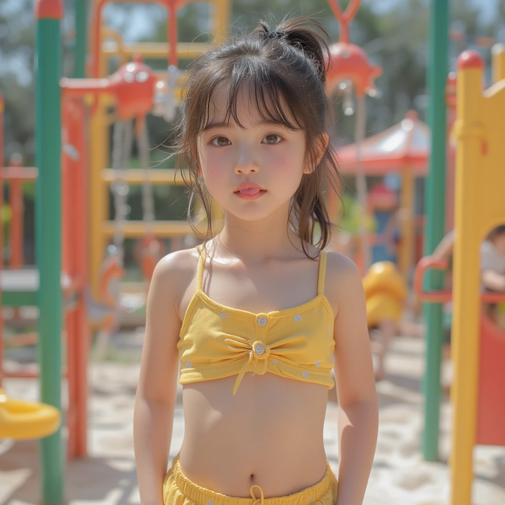 Children 3 years old,Childrenswear outfit,a skirt,Lace,Bow knot,Layered skirt,Pink miniskirt,yellow-tops,Partial underwater photography,long hair,close-up