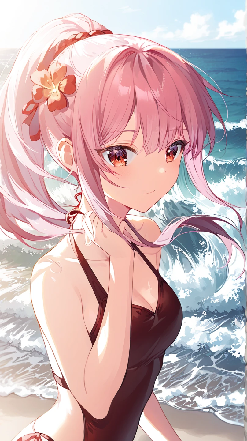 (masterpiece, highest quality:1.2),shape,8K,hd,kurosaki mea,cowboy shot,1 girl,hair length,whole body,Upper body,(portrait:1.2),smile,blue eyes,hair ornaments,smile、belly button,long hair,purple eyes,redhead,small breasts,bikini swimwear,string swimsuit,straw hat,barefoot,Ocean,beach,water play,(masterpiece:1.2), highest quality, High resolution, unity 8K wallpaper, (shape:0.8), (beautiful and detailed eyes:1.6), highly detailed face, perfect lighting, Very detailed CG, (perfect hands, perfect anatomy),
