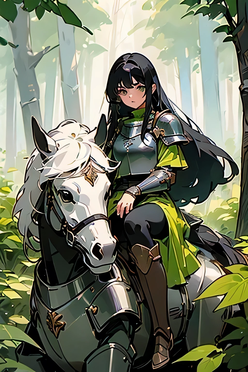 (((masterpiece))), (((best quality))), ((ultra-detailed)), (cinematic lighting), (illustration), (beautiful detailed eyes), (1girl), full body, knight, armour, light hair, sitting on robot horse, forest, best quality, expressive eyes, perfect face, Girl: (20s, blonde hair, long hair, light green baggy shirt, armour, breastplate, jumpsuit, knee boots)