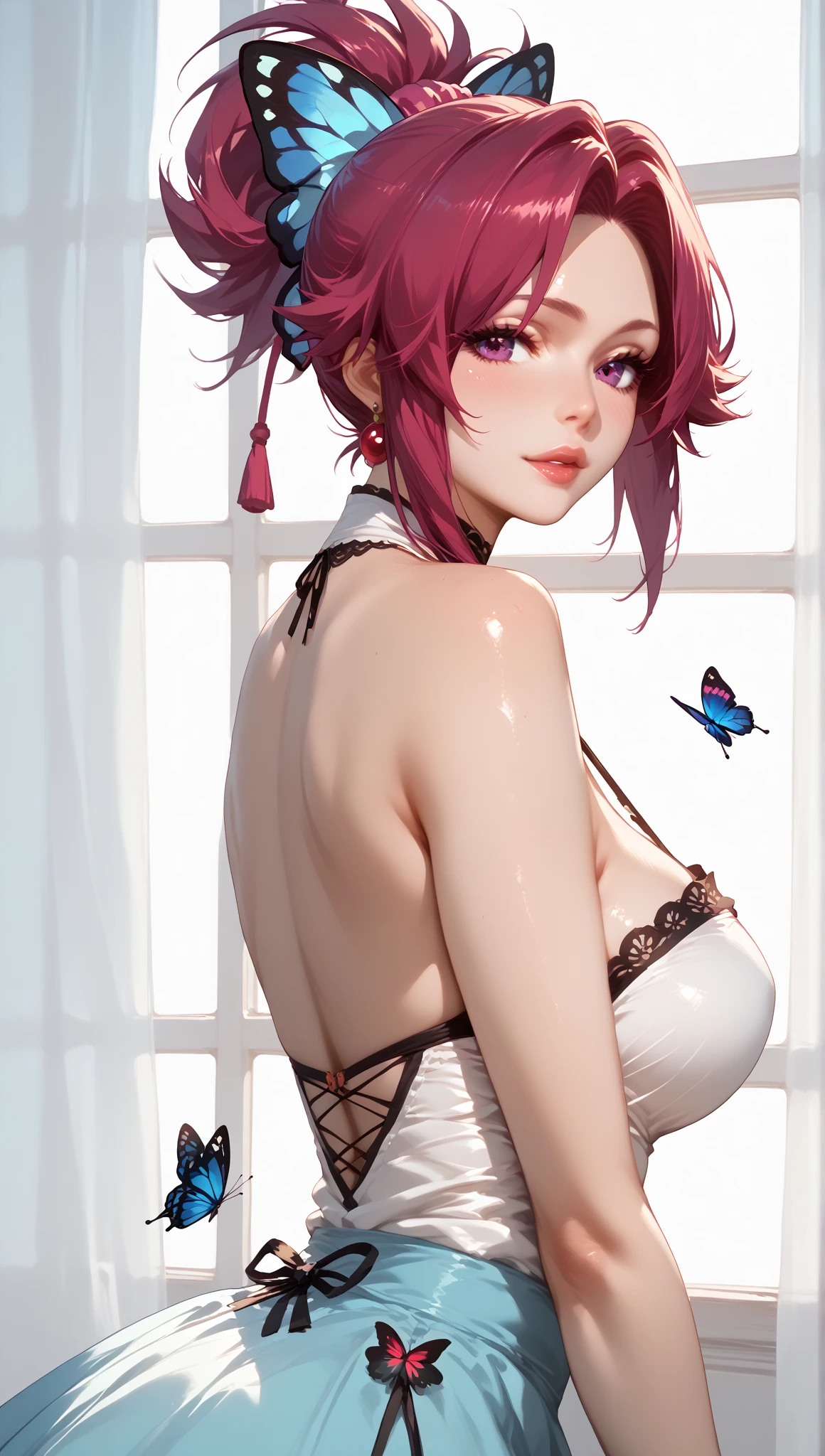 Chica anime con cabello rosado y ojos verdes posando para una foto, 4k, chica anime seductora, sakura petals around