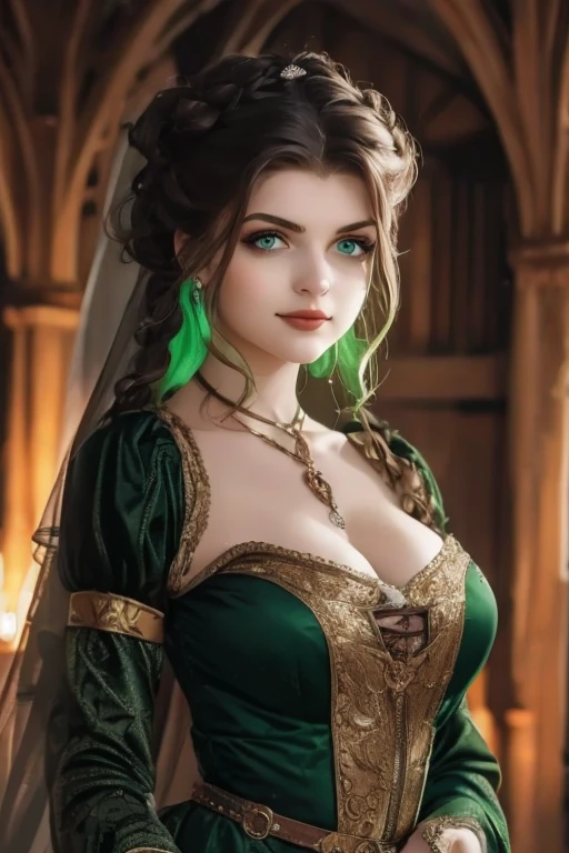 Large-chested woman dressed in ornate green and white clothing with jewelry