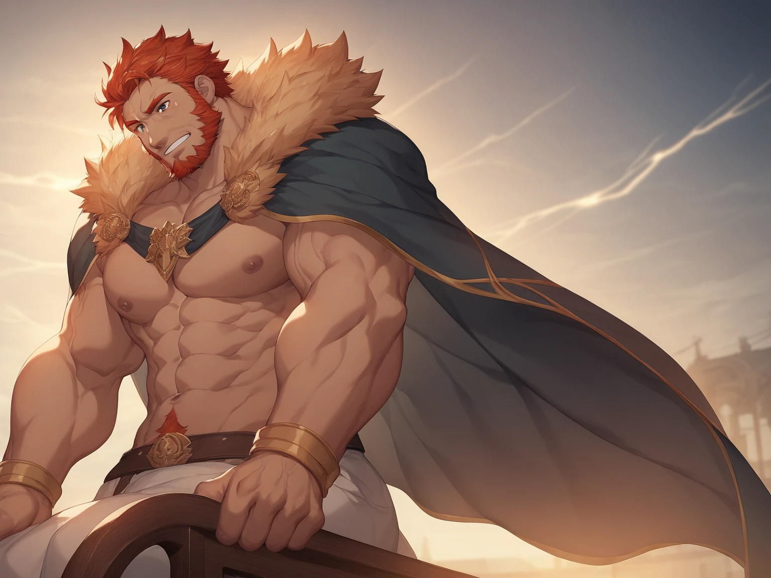 Buff Pale man with Glowing icy blue eyes, curly ginger hair, abs, muscular, male, anime style, 4k image, wrapped around in ice magic, wearing futuristic fur viking outfit, ethereal, snowy forest background
