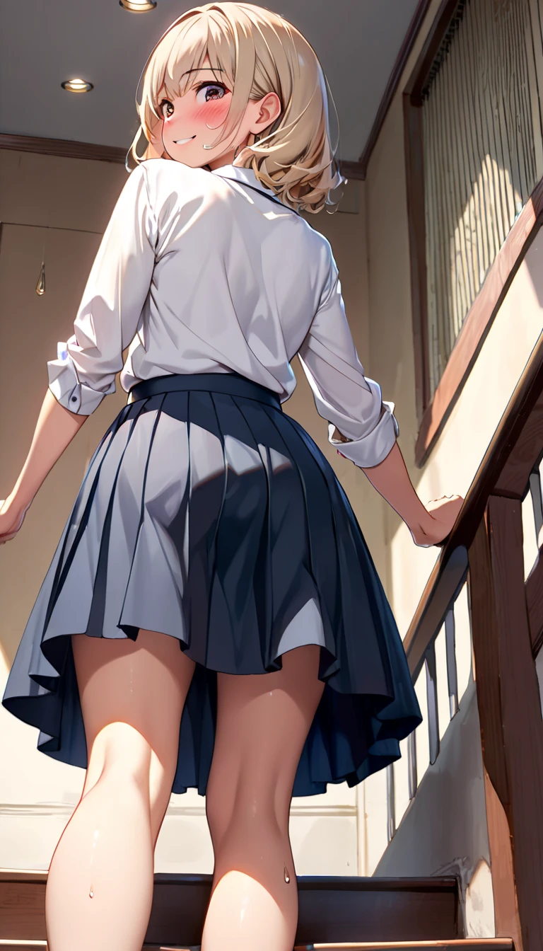 ((highest quality)), ((masterpiece)), (High resolution), 8K, best shadow, The best natural light, cinematic, high school girl climbing the stairs、20-year-old, (brown hair ponytail)、look back、navy blazer、navy skirt、(dark blue socks)、((Rear view))、Angle from directly below the rear, ((View from directly below))、dark blue socksのクローズアップ、Manga panel layout、cartoon style、Manga Design、station stairs、on the way to school, A skirt that flips in the wind, Stylish white panties hidden under a skirt, slender body,beautiful thighs, embarrassed expression