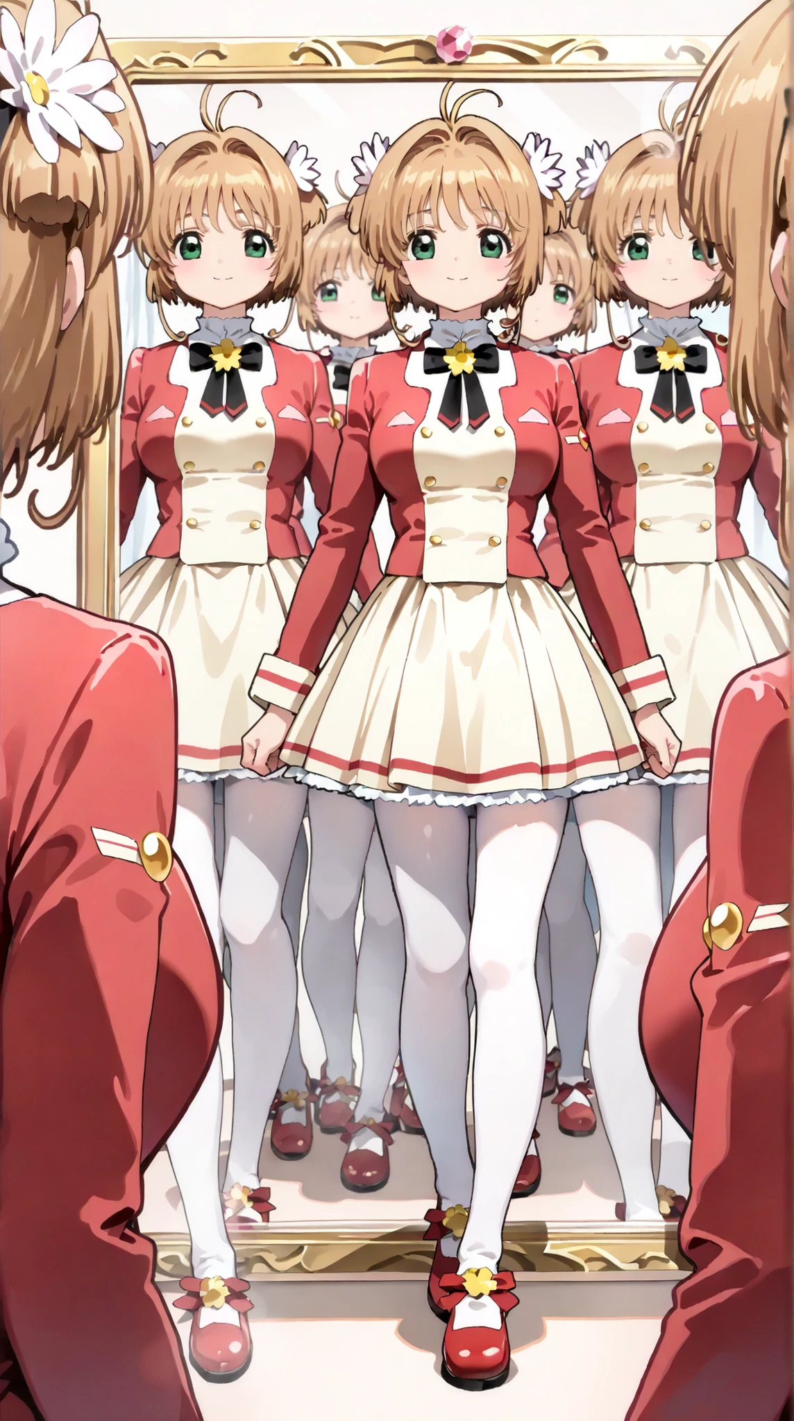(masterpiece, top quality:1.5), 1girl*2, twin, Kinomoto Sakura(Cardcaptor Sakura)、20yo, portrait, cute yellow clothes, red jackets, Smiling, short hair, Full Body, Slightly Super Big Breasts, flower hair accessories, kyun kyun, It's absolutely fine, (Double mirror, Splitting Occurrence, Twin, Mirror, Clone, Bulk Occurrence),