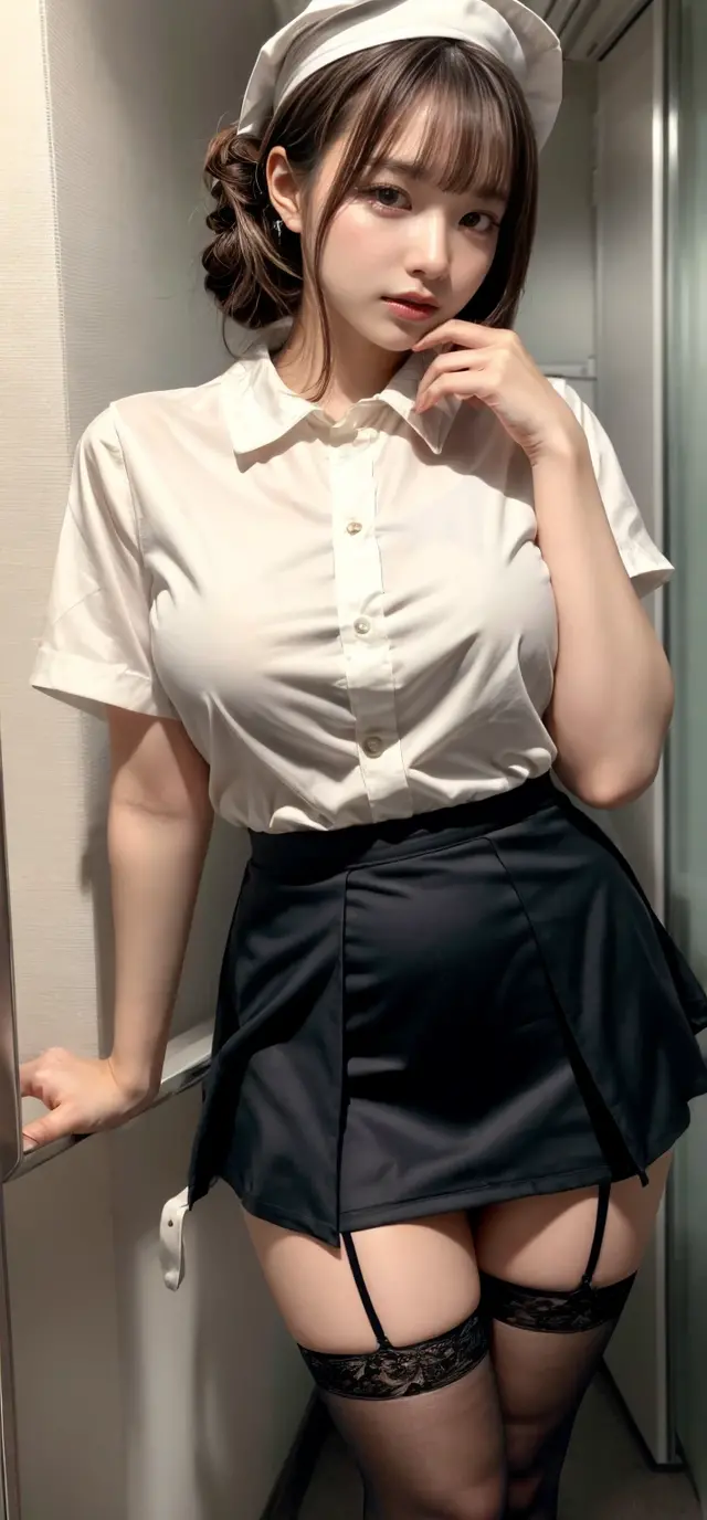 muste piece, best quality, illustration, Super detailed, fine details, High resolution, 8K,wall paper, perfect dynamic composition,(Details High quality, realistic depiction of eyes:1.3), Hospital Rooms、White nurse cap、White tights、White nurse uniform、to stand、Hand skirt、Flipping up a white skirt, large breasts,short bob hair, black hair color, Big Natural Color Lip, bold sexy pose, crying a little、cold gaze, Harajuku style、20 year old girl、cute type、lolita、beautiful legs, hposing Gravure Idol