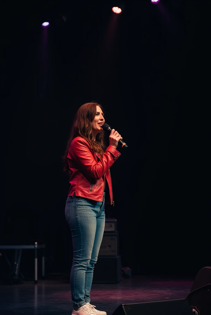 (background is an miniature rock concert stage:1.3), (from below:1.4) (thicc:1.3) (minigiantess:1.4) (cute blue eyes:1.5) grinning (most beautiful woman ever:1.2) (40-year-old liv tyler:1.2) wearing a (black cardigan:1.3) (blue jeans:1.3) (brown boots:1.3) (purple shirt:1.4) and (holding a miniature microphone:1.5) while (kneeling on a stage:1.3), (singing:1.4), (very pale skin:1.4), cameo necklace, (chubby freckled face:1.3), (enormous breasts:1.4),