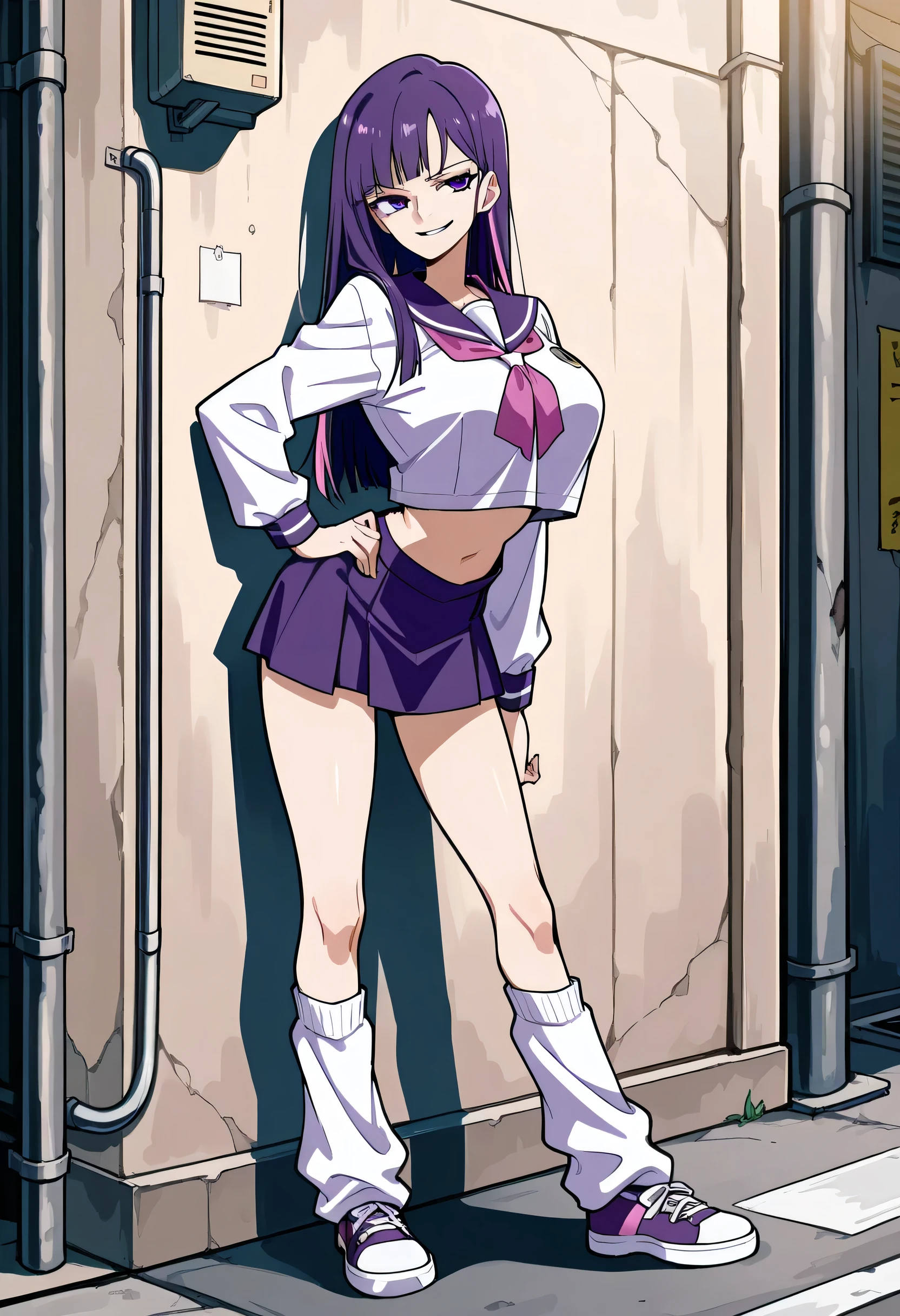 score_9, score_8_up, score_7_up, 1girl, mature, solo, smirk, long hair, bangs , straight hair, purple hair , pink highlights inner , purple eyes, purple sailor school uniform, navel , short skirt, long legs , big breast , arched back , hand on hip , loose socks, casual stance , shoes , lean against wall , alley background , full body,
v3r1d1an,