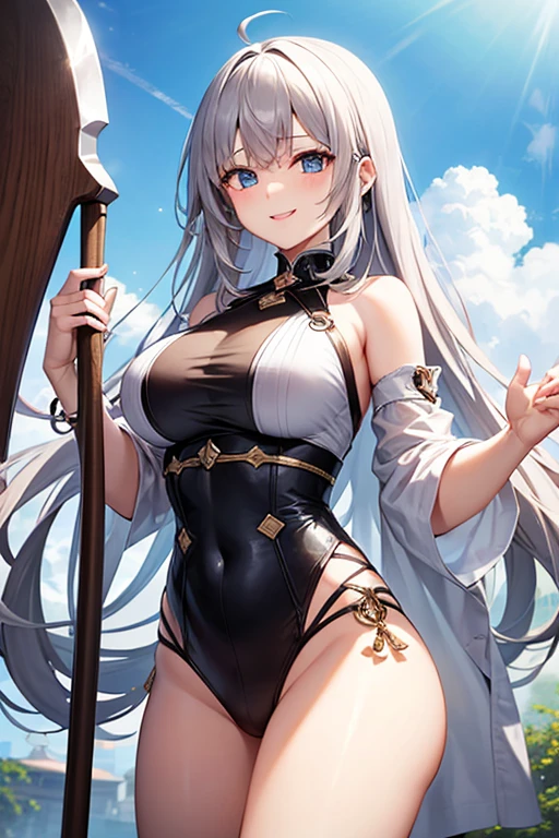 tmasterpiece, High- sharpness, Best quality at best, 1 girl solo,long white hair,Yellow eyes,swim wears,Bigchest,Shy