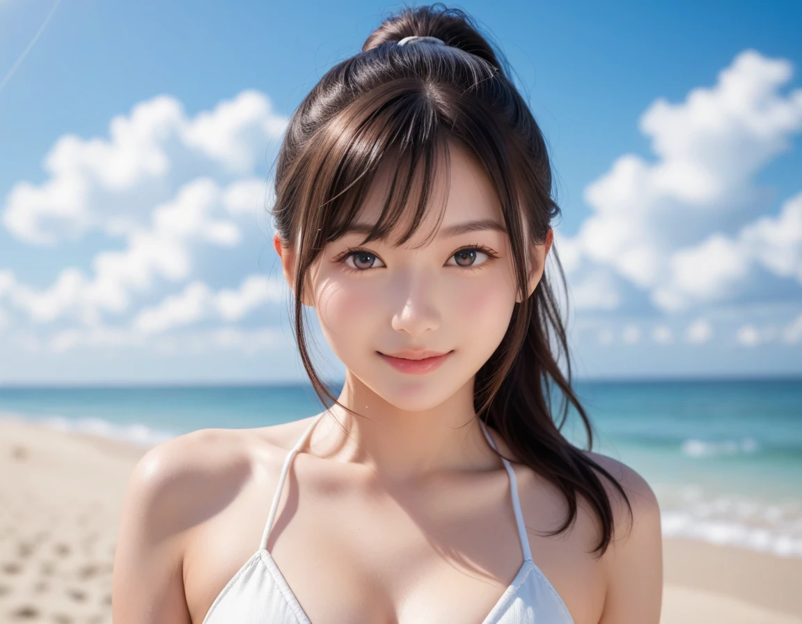 (masutepiece:1.3), (8K, Photorealistic, Raw photo, Best Quality: 1.4), Japanese, (1girl in), Beautiful face, (Realistic face), (Black hair), Beautiful hairstyle, Realistic eyes, Beautiful detailed eyes, (Realistic skin), Beautiful skin, Attractive, 超A high resolution, A hyper-realistic, Highly detailed, Golden ratio,School uniform. (3 Gills:1.5), (Sony Alpha 1, 50.1 megapixel full-frame CMOS sensor, 8K video recording function), (telephoto lens), (Realistic),(8K, 超A high resolution, Best Quality, masutepiece:1.2),Ultra-detailed,beautifull detailed face, FULL ANATOMY,(Beautiful detailed eyes:1.3),Smile,extremely delicate and beautiful, Extremely detailed, nffsw, Unity, 8K Wallpaper, amazing, finely detail, Ultra-detailed, High resolution, Extremely detailed, extremely detailed eye and face,Wet, ((Luxury Hotels:1.1)),((Colorful micro bikini:1.1)), [Ponytail],(huge-breasted, cleavage:1.3),
