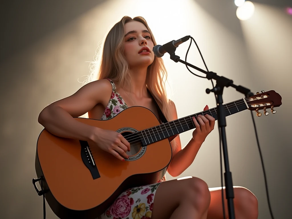 (best quality)), (detailed), (photorealism:1.4), 8k, 1girl, 19 years, blonde hair, natural body, eye makeup, perfect hands, five fingers. flowered dress, sitting in a park bench, playing guitar, day, sunlight
