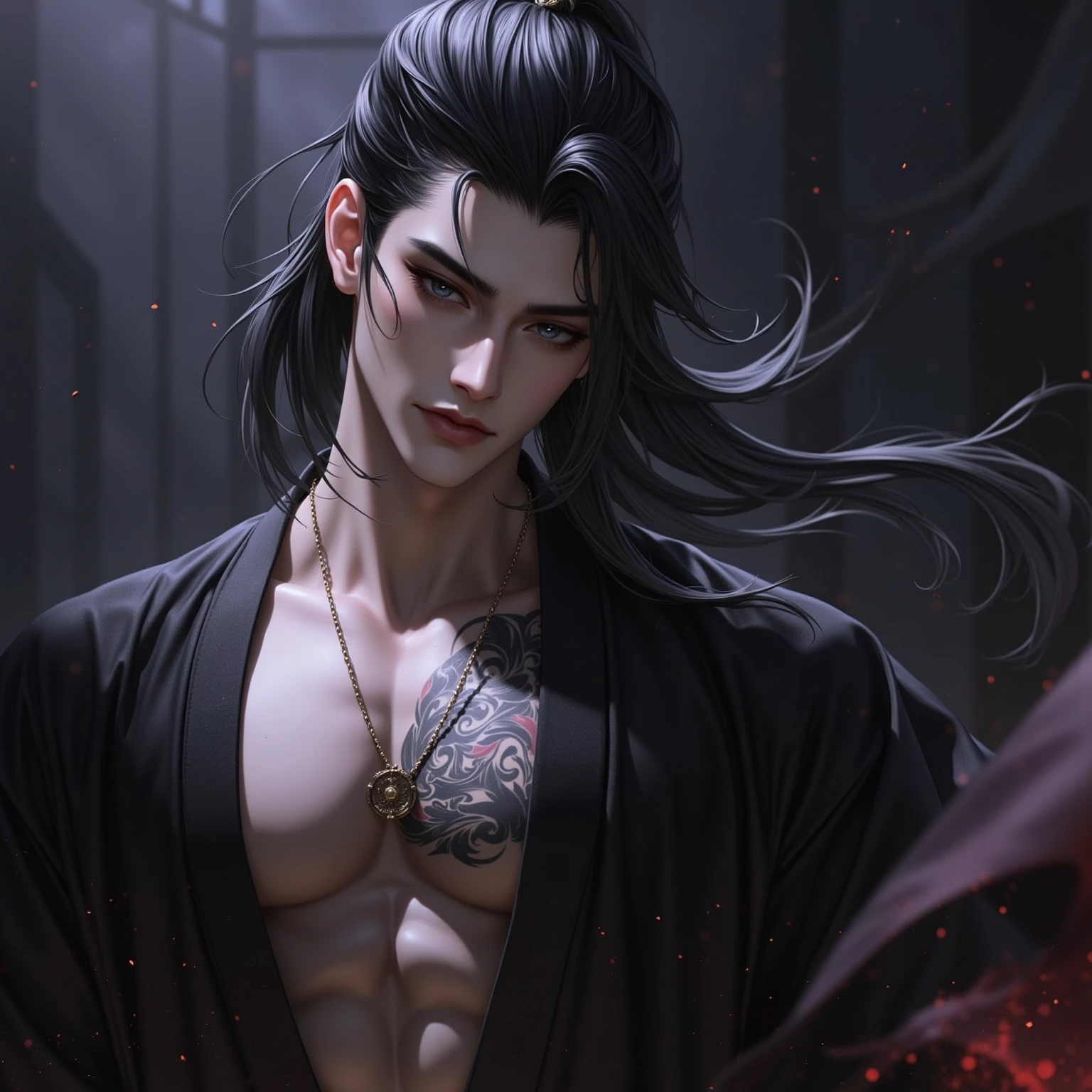 (8k,shipmentsrrealista shipments Maximum quality;1.4) (1 young boy) Super handsome king of the underworld (lifelike face) (long black hair with red tips, bright black and red floral hair) slenderbody Muscular and hairy and macho Bright red and black floral aristocratic costume with large red eyes bright red and black floral decoration Fangs peeking out of the mouth Pointed claws a seductive gaze Beautiful expression A hyper-realistic (King of the Underworld) appealing (real looking skin) super high resolution high détail Luxury Red and Black Floral Trousers red and black aura emanating from the body effect without cover