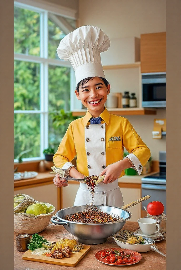 There was a little boy，He was holding a basket of vegetables, Little cook, wearing white chef hat, photoshoot, best chef, culinary art photography, In the kitchen, Food photography, Cooking, home photography portrait, food stylist, Happy chef, Cute boy, White apron, old kitchen backdrop, Photo session, In a kitchen, Advertising photography