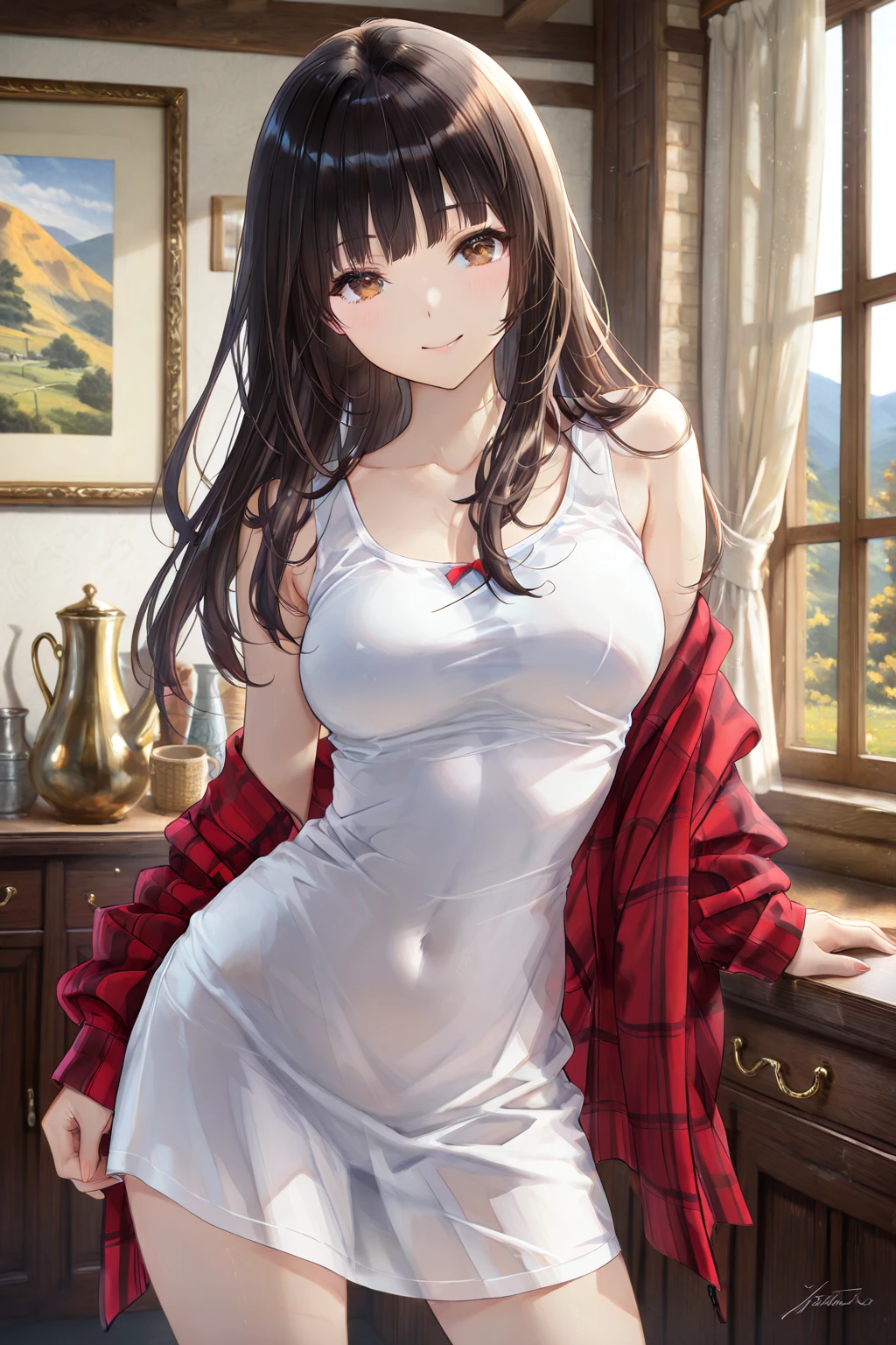 Masterpiece,Highest quality,8k,Ultra-high resolution,appropriate margins,Perfect hands,Perfect Fingers,Perfect human body,Perfect Eyes,((Cowboy Shot)),BREAK,Bright expression,(1 person),(The most beautiful woman),Slim body,((The most extraordinary breasts)),Cleavage,Moisturized Skin,Fair skin,BREAK,((Black Hair)),Long Hair,Curly Hair,BREAK,Arrange your bangs to the side,The length of the bangs is such that they reach the eyebrows,Thin eyebrows,BREAK,Brown eyes,BREAK,(White blouse),(Red long skirt),BREAK,Make eye contact with your audience,A very dazzling smile