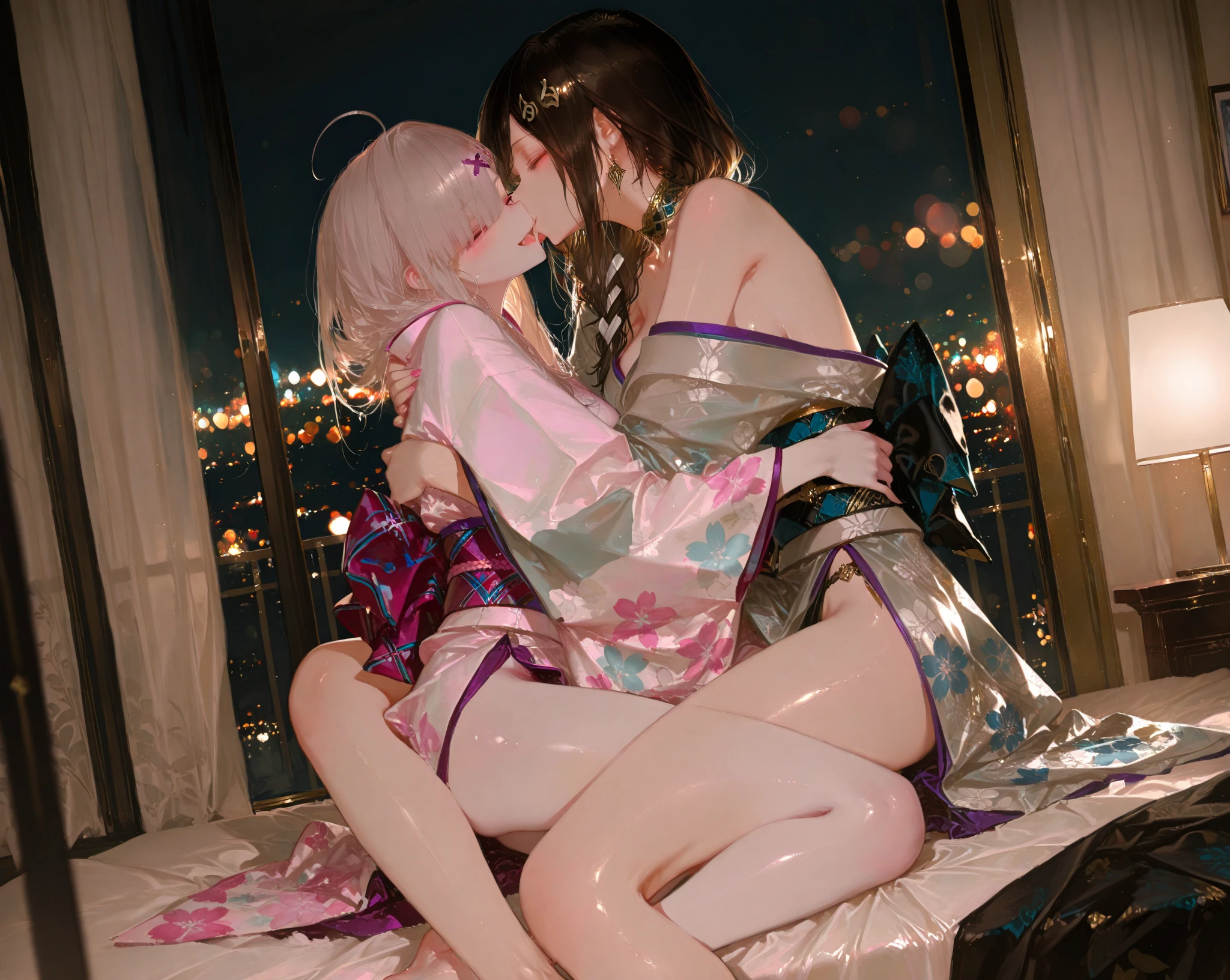 (2 girls、One is in front、1 person back:1.5),(Huddle together:1.5), (Lying on a luxury bed:1.5), (Swimsuit:1.5)、(Butt:1.5), (2 girls:1.5), (Holding hands:1.5)、(crying:1.5),(masterpiece, Highest quality:1.2), (cowboy shot:1.3), (Highest quality: 1.5), ((Intensive、Close Contact:1.5)), (masterpiece: 1.5), (2.5D)、8k, Official Art, RAW Photos, (((Skin glowing with oil:1.3)))、(A lot of milk all over my body:1.5)、 (best quality:1.2), (arms up, open legs:1.3), ((Sad:1.3))、(Beautiful night view, Huge windows, Luxury bed:1.3)、Soft Light, Beautiful and slim,Lift your hips high, Elegant and sexy, ((((Wet)))),