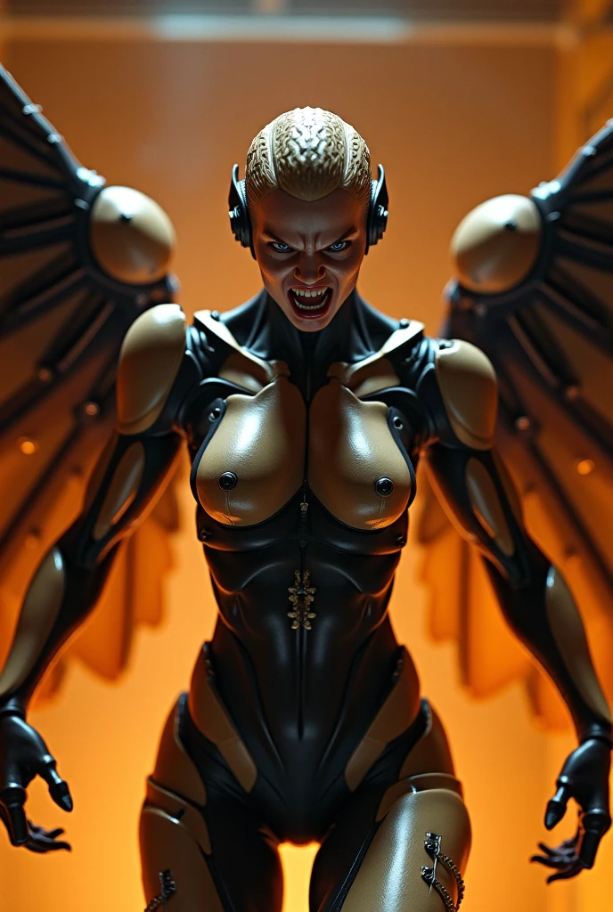 ultra-detailed, Explicit, Beautiful body, Beautiful Nose, Beautiful character design, perfect eyes, perfect face, ultra highres, 4K, beautiful legs, perfect legs, Nice hands, Perfect hand, Masterpiece, Best Quality, Highly detailed, illustration, absurdres, street fighter, doll suit, shadaloo doll, dollsuit, expressionless, blank eyes, looking at viewer, red gloves, emotionless, black latex, corrution, mind control, female combatant, full body, hypnotized, unhappy trance, full body suit, ribbed bodysuit, both arms at side, obey, perfect female body, extremely glossy latex, hypnosis, hypnoLora, empty eyes, Mind control device, poses, submissive_pose, Slave, hat, necktie, stand up straight, standing, standing at attention, hat, necktie, belt, latex, ribbed bodysuit, thighhighs, garter belt, Fighting Stance, extending the right arm from the shoulder into the air with a straightened hand, nazi saluting, military, military saluting, salute, thigh boots, solo, 1girl, Valkyrie Queen Gna, God Of War Ragnerok, Golden Wings, glowing blue eyes, Blue eyes, Mask, medium breasts, evil,