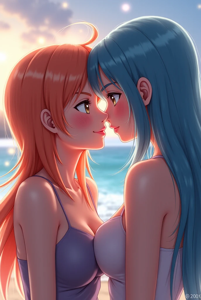 Twin girls, 27 years old, green hair, orange hair, beach at sunset, angelic faces, thin stroke, looking at each other, tongue kiss, hand on breast, hand on face, bodies very close together, tongues with kiss saliva, slanted heads of kiss, the one in orange bikini without the top