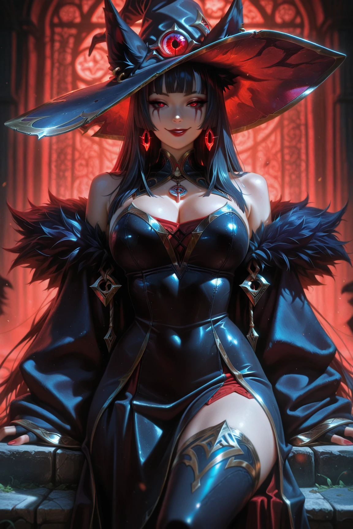 A masterpiece of a giant werewolf woman with exquisite details that captivate the senses, her sleek black hat and silky black gloves contrast sharply with her vividly red lips. Her luxurious wolf-patterned fur, intricately adorned with ornamental patterns, adds to her regal appearance. Dressed in a McFarlane-style advanced fantasy outfit, the ethereal skulls and bones adorning her attire add an otherworldly allure.

The scene captures every advanced silhouette of her formidable figure, with lighting techniques that bring every expressive facial expression and intricate pattern on the werewolf's paws into sharp focus.